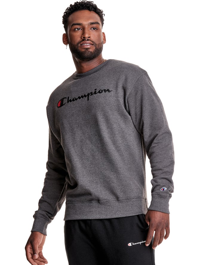 Champion Herre Sweatshirt MørkeGrå - Powerblend Crew Script Logo - Danmark CWQ-692834